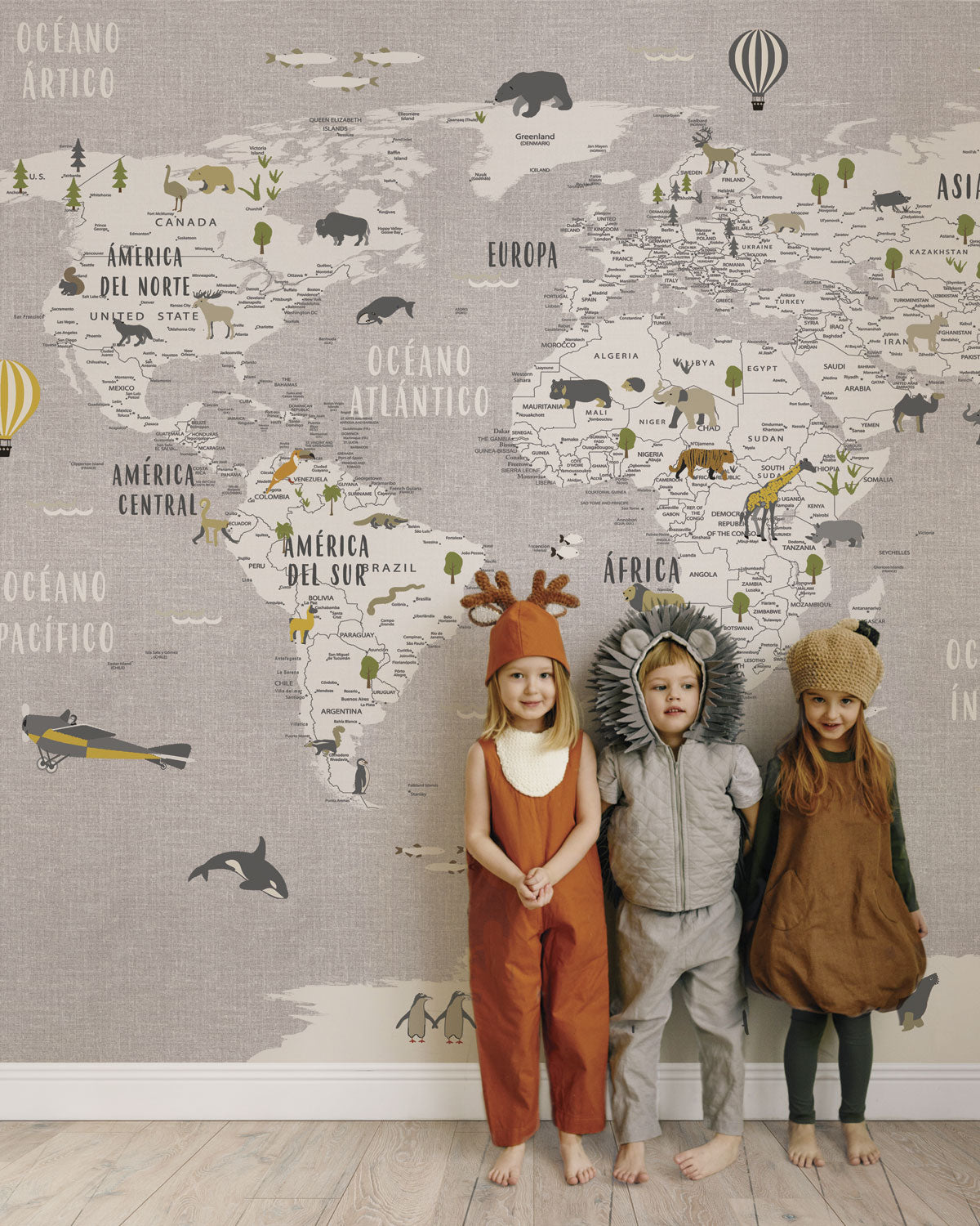 Mapa Animales Gris - Papel Pintado x m2