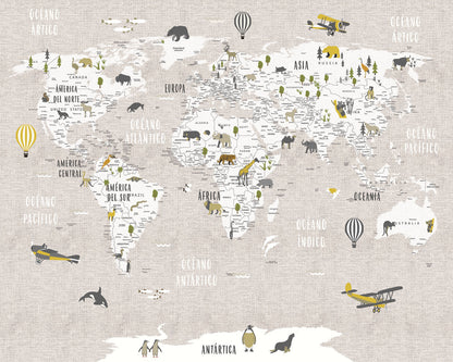 Mapa Animales Beige - Papel Pintado