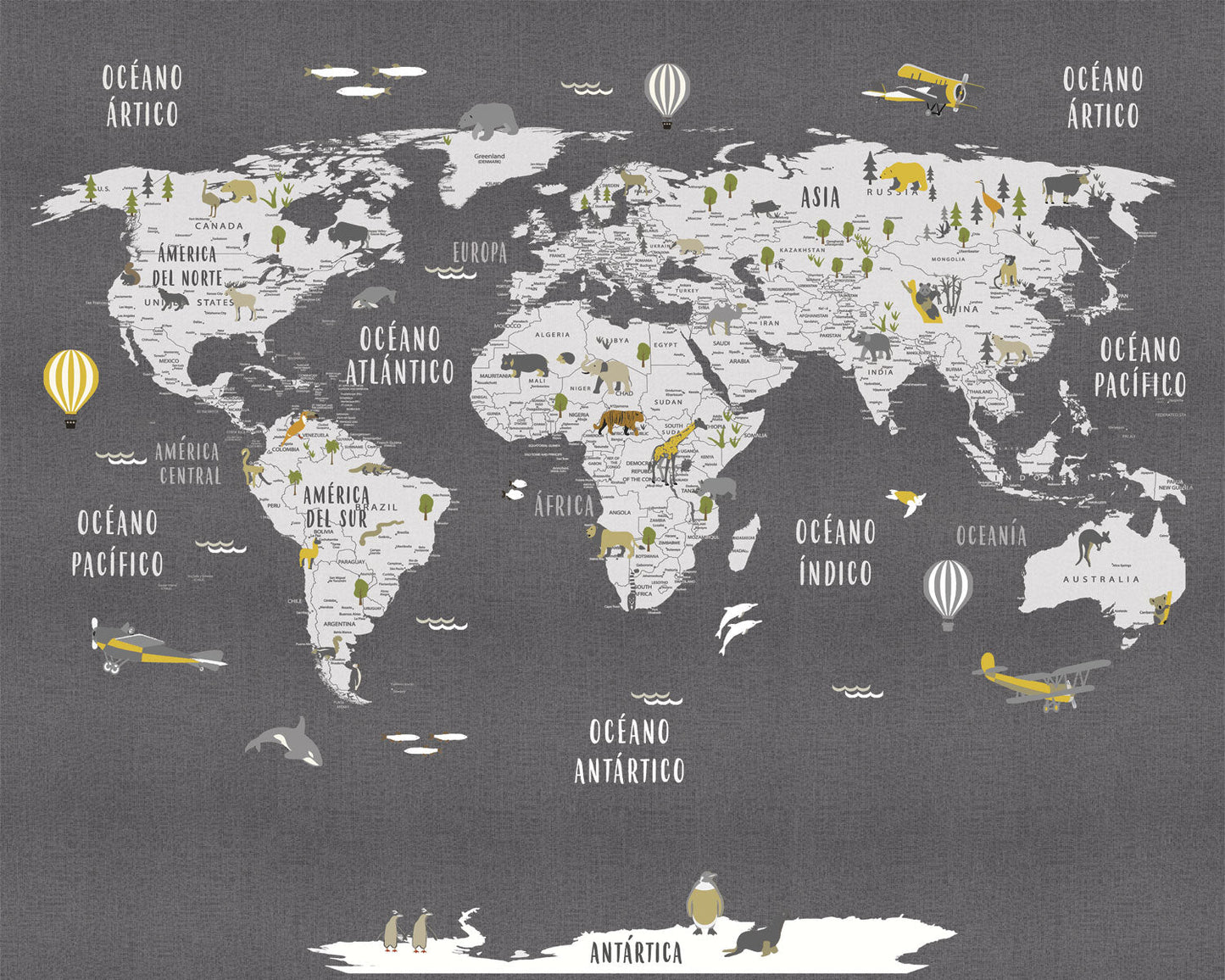 Mapa Animales Grafito - Papel Pintado