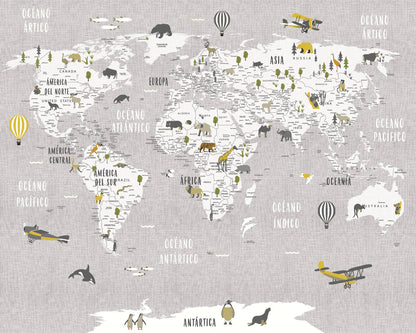 Mapa Animales Gris - Papel Pintado